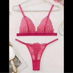 Pink, Floral Lace, Lingerie Set